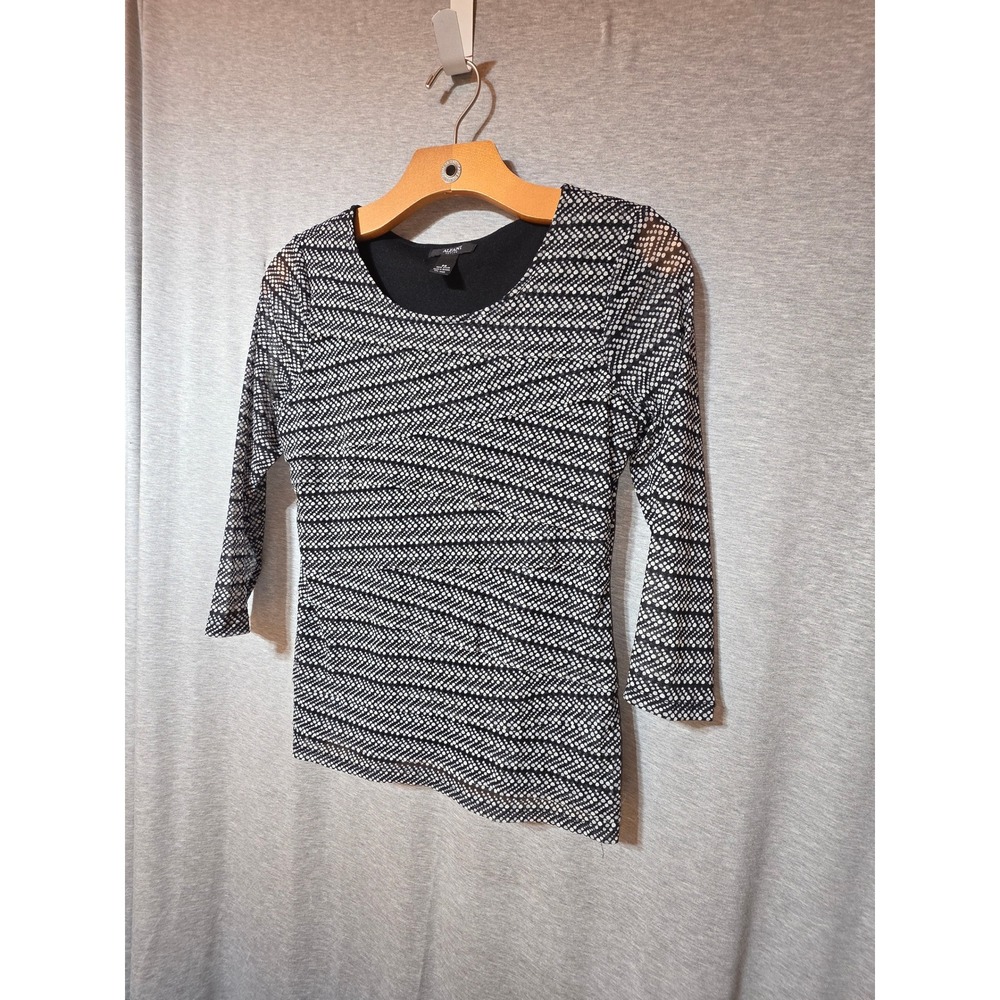 Alfani Petite Black White Mesh Geometric Dot Print 3/4 Sleeve Top PS